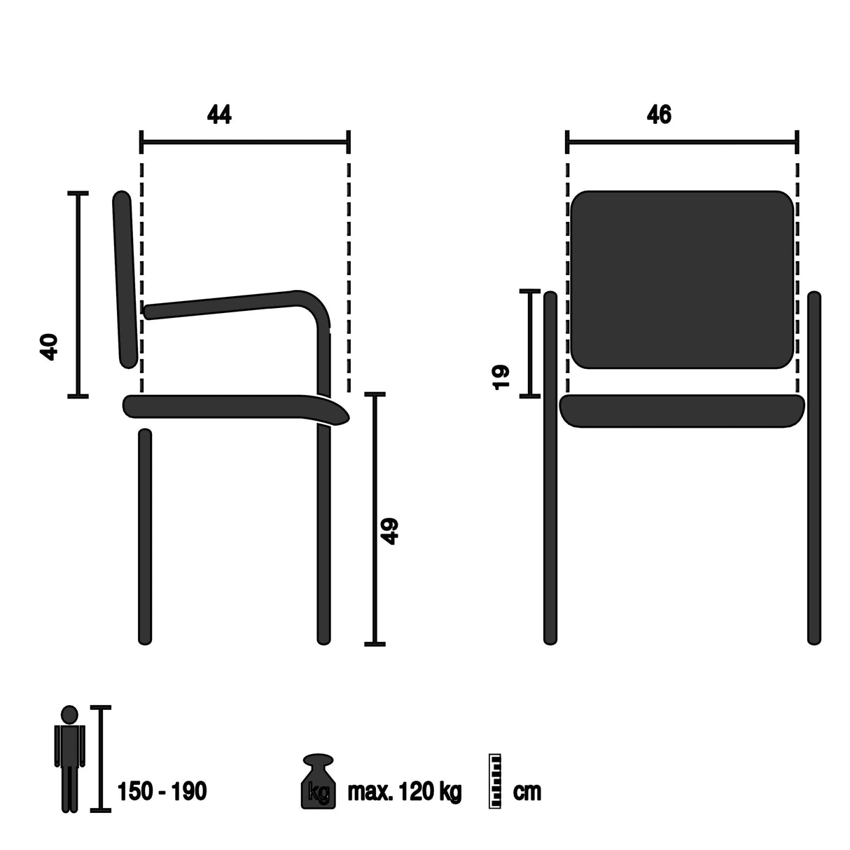 Technische Zeichnung des Esszimmerstuhls CHARVELLE mit einer Sitzhöhe von 49 cm von hjh LIVING