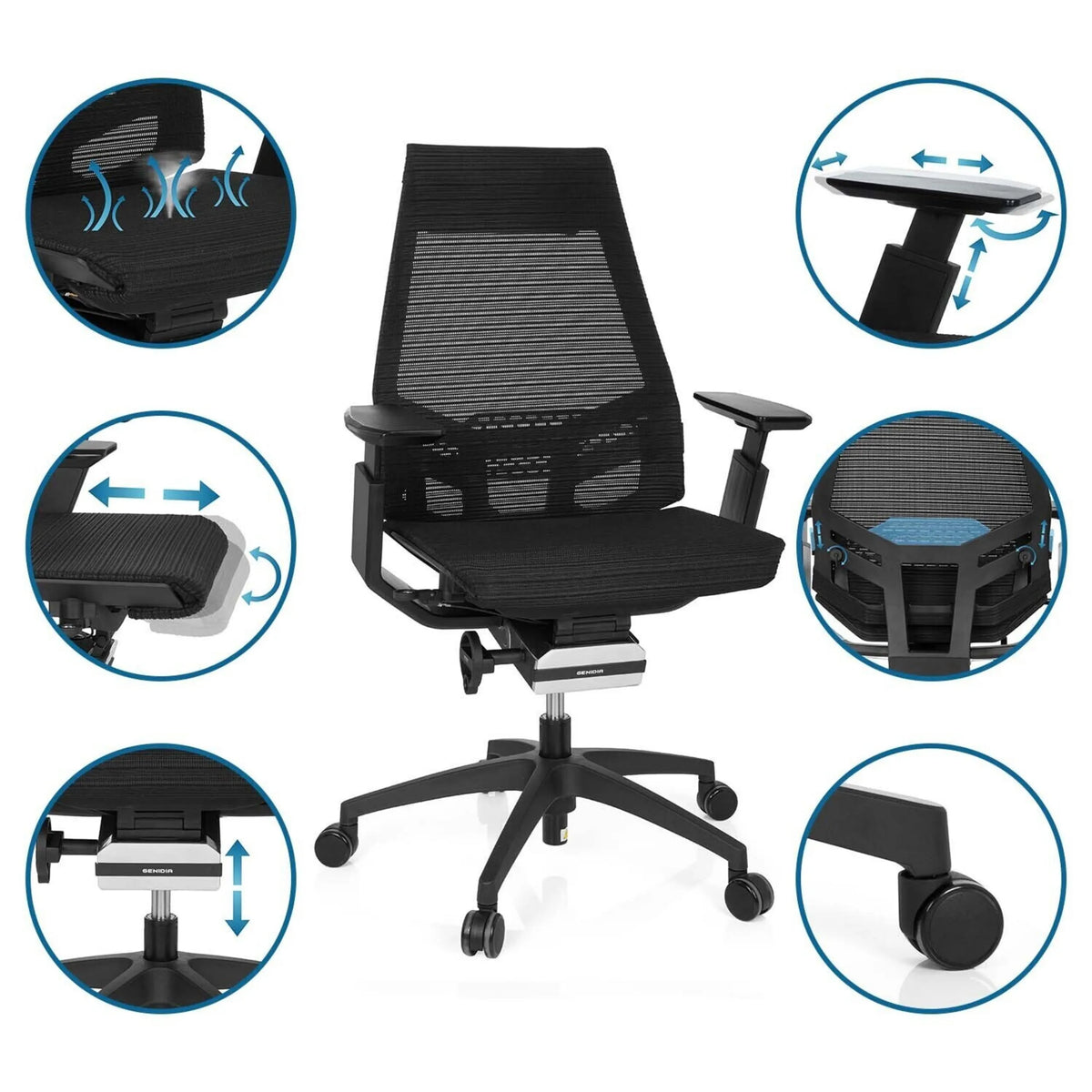 Schwarzer Profi-Bürostuhl GENIDIA SMART BLACK mit Netzrücken, verstellbaren Armlehnen und Rollen von hjh OFFICE