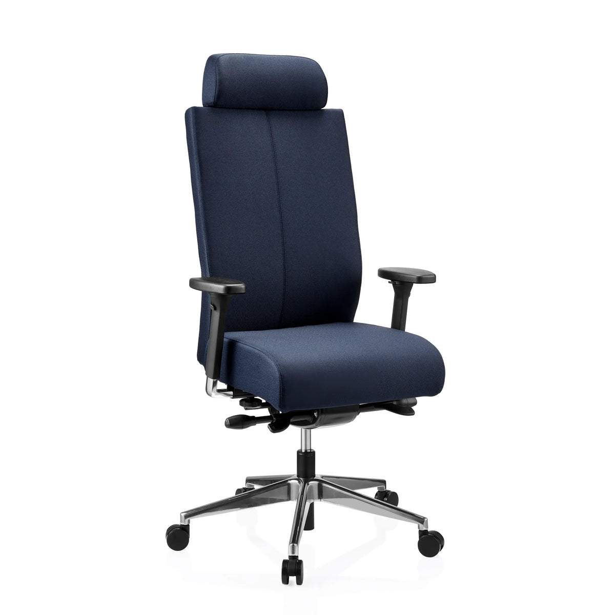 Blauer Profi-Bürostuhl PRO-TEC XXL mit Kopfstütze und Fußkreuz mit fünf Rollen von hjh OFFICE – 360-Grad-Ansicht (schräge Frontansicht 30°)