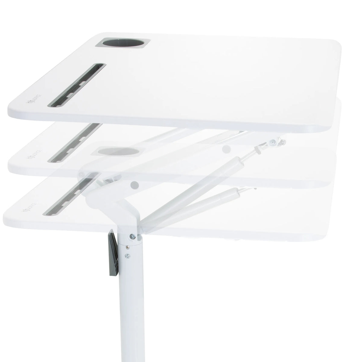 Höhenverstellbarer Mechanismus der weißen Tischplatte des Stehschreibtisches STAND VM-SU I von hjh OFFICE