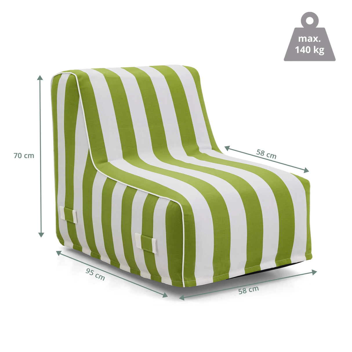 Maßzeichnung des Luftsofas Sitzolo Air in Grün-Weiß mit 95 × 58 cm und 70 cm Höhe von hjh LIVING