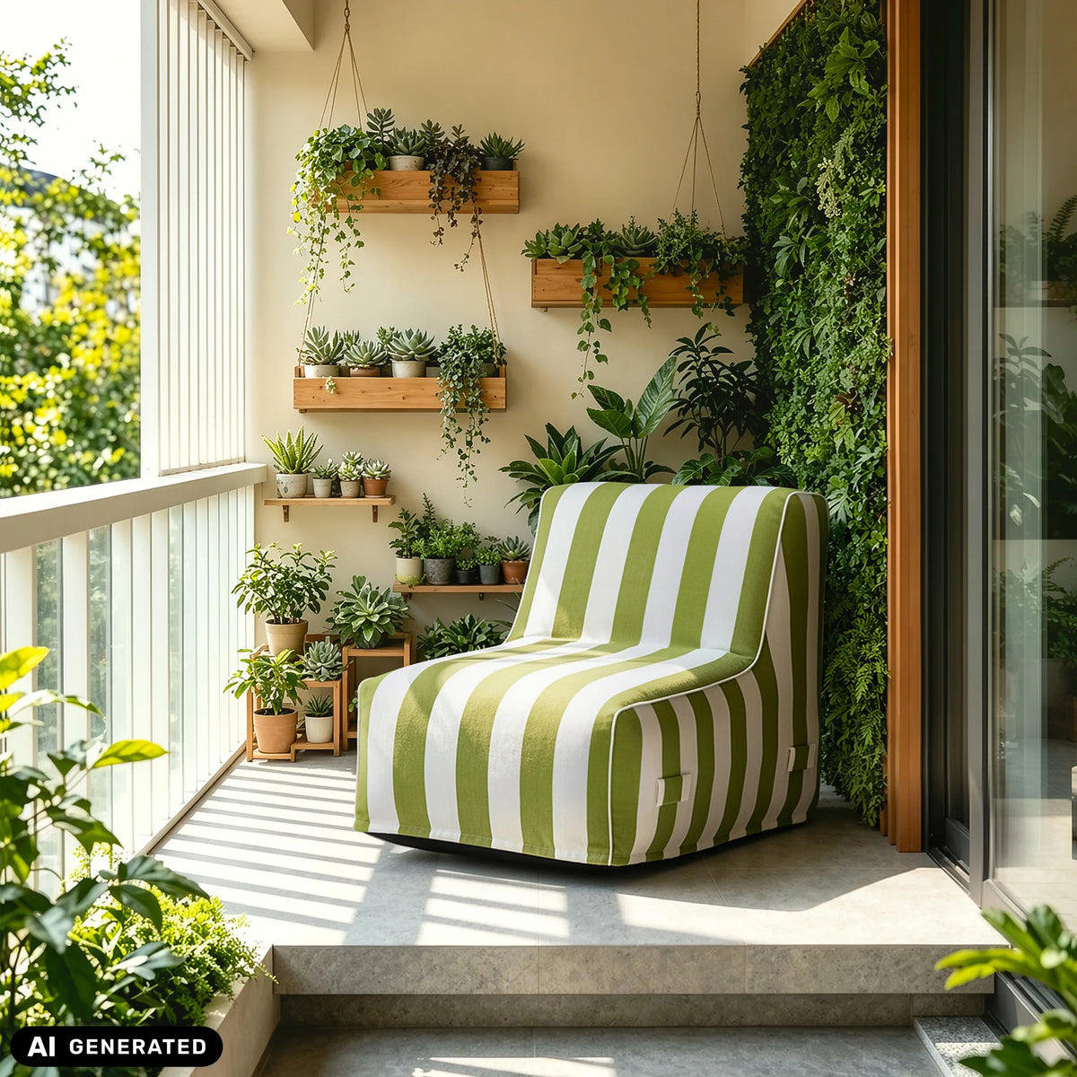 Luftsofa Sitzolo Air in grün-weißen Längsstreifen auf einem Balkon von hjh LIVING (KI-generiertes Bild)