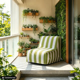 Luftsofa Sitzolo Air in grün-weißen Längsstreifen auf einem Balkon von hjh LIVING (KI-generiertes Bild)