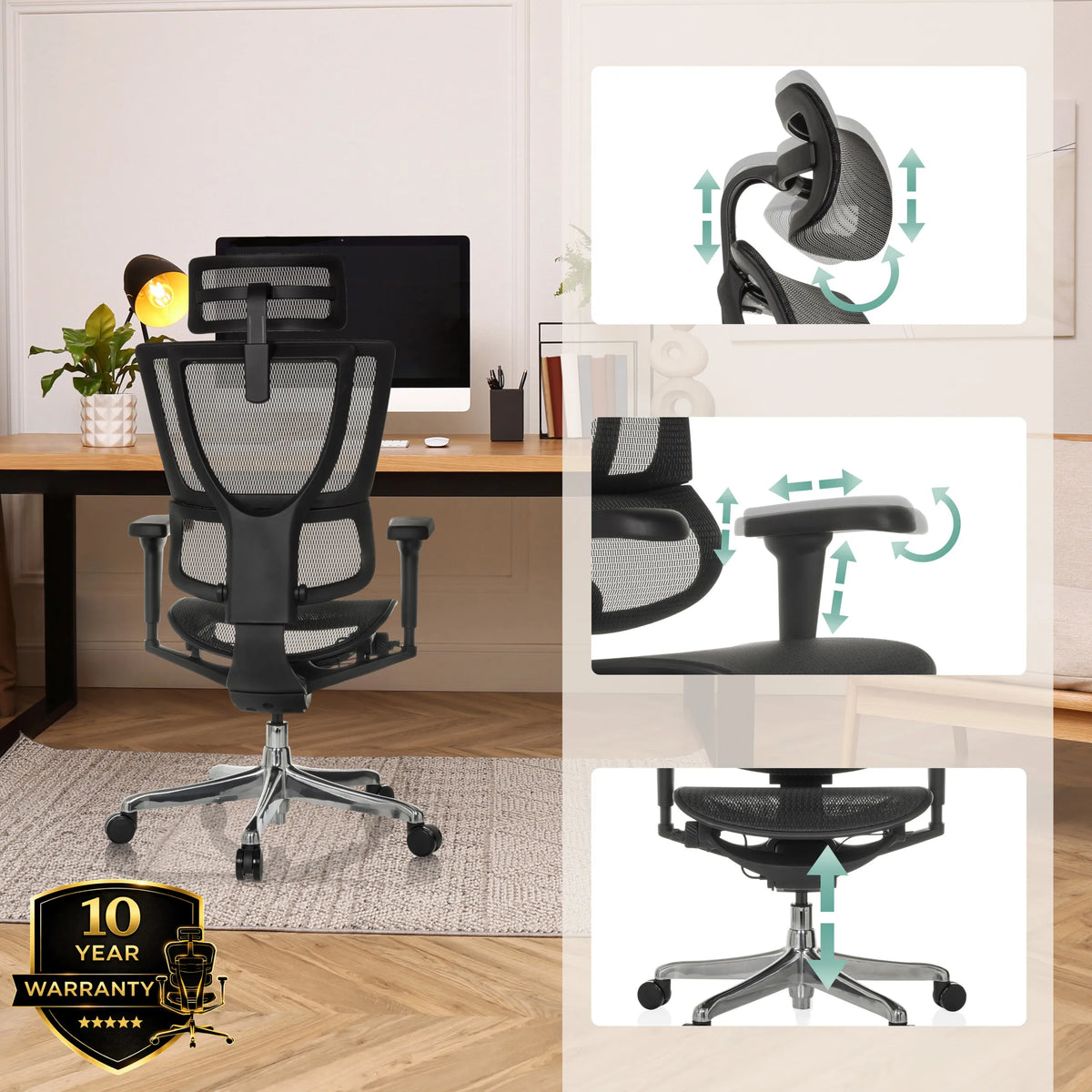 Verstellbare Kopfstütze, Armlehnen und Sitzhöhe des Luxus-Chefsessels ERGOHUMAN SLIM ULTRA GEN2 in Schwarz von hjh OFFICE