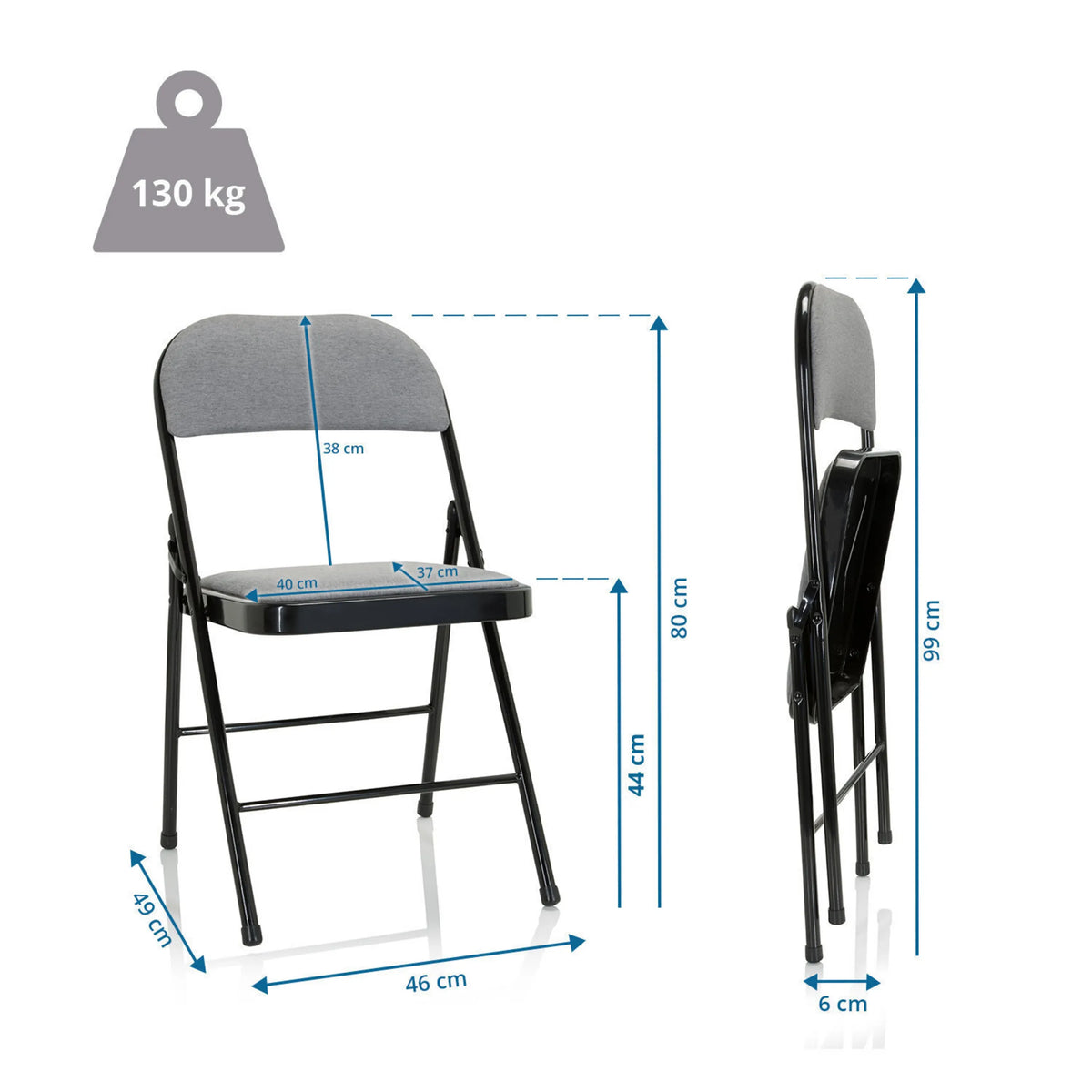 Maßzeichnung des Klappstuhls TUDELA II mit einer Höhe von 80 cm und Belastbarkeit von 130 kg von hjh OFFICE