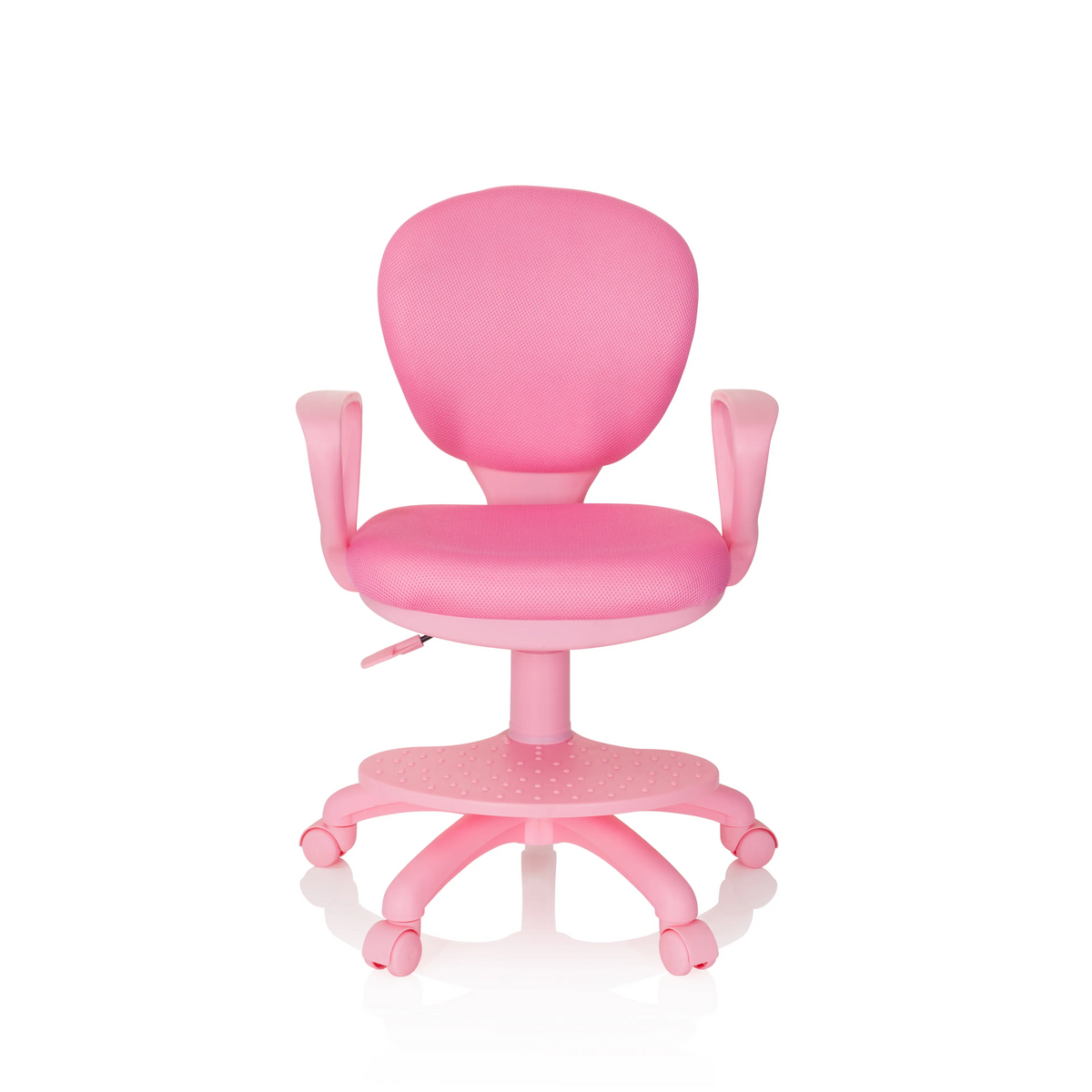 Rosa Kinderdrehstuhl KID COLOUR mit Armlehnen und Fußkreuz mit fünf Rollen von hjh OFFICE – 360-Grad-Ansicht (Frontansicht 0°)