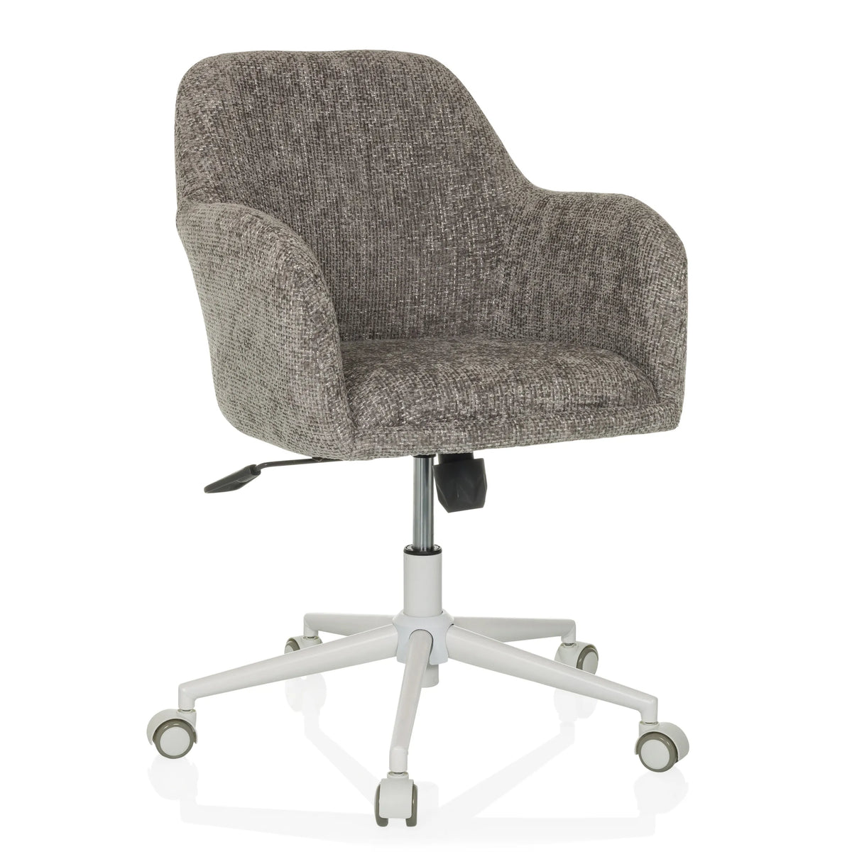 Grauer Homeoffice-Bürostuhl SOLAO HOME mit Stoffbezug und weißem Fußkreuz mit fünf Rollen von hjh LIVING – 360-Grad-Ansicht (schräge Frontansicht 30°)