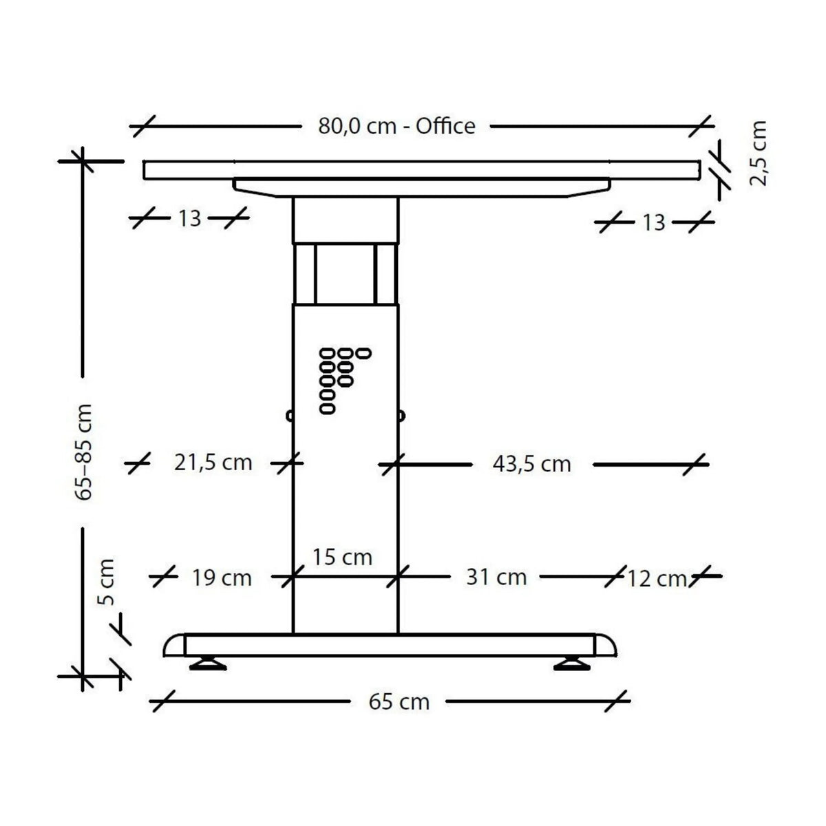Maßzeichnung des Schreibtisches MEGA 82 S mit einer Breite von 80,0 cm und Höhe von 65–85 cm von hjh OFFICE PRO