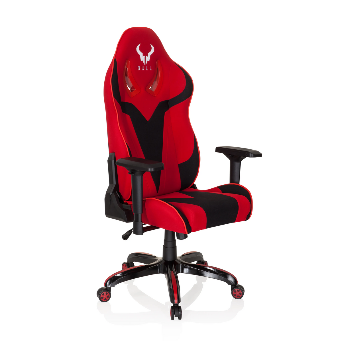 Rot-schwarzer Gamingstuhl PROMOTER II mit Armlehnen und Fußkreuz mit fünf Rollen von hjh OFFICE – 360-Grad-Ansicht (schräge Frontansicht 40°)