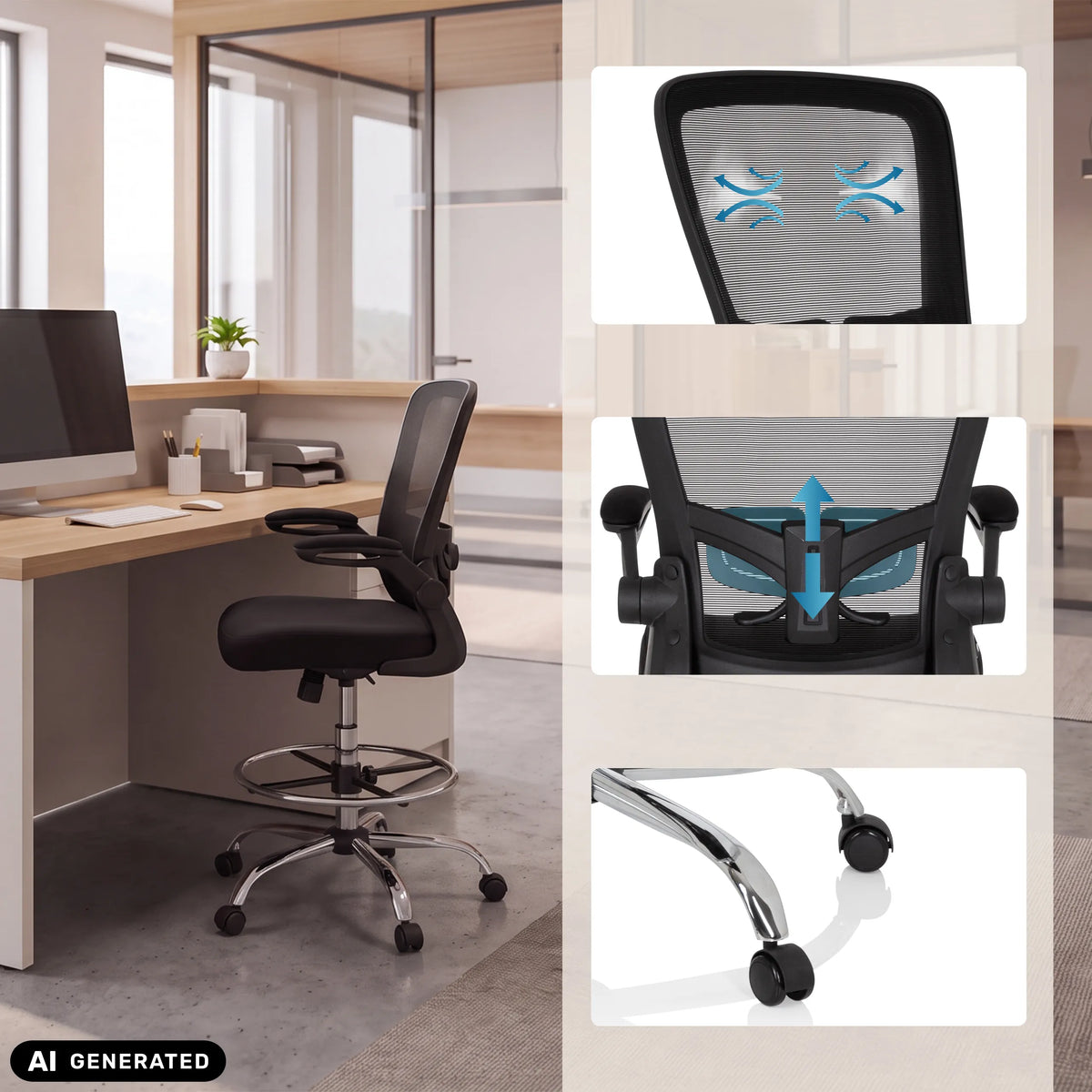 Counterstuhl VENDO WORK in Schwarz mit Detailansichten der Rückenlehne und Rollen von hjh OFFICE (KI-generiertes Bild)