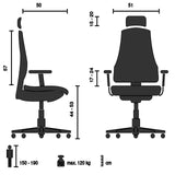 Technische Zeichnung des Profi-Bürostuhls M18-M148 mit einer maximalen Belastbarkeit von 120 kg von Sihoo