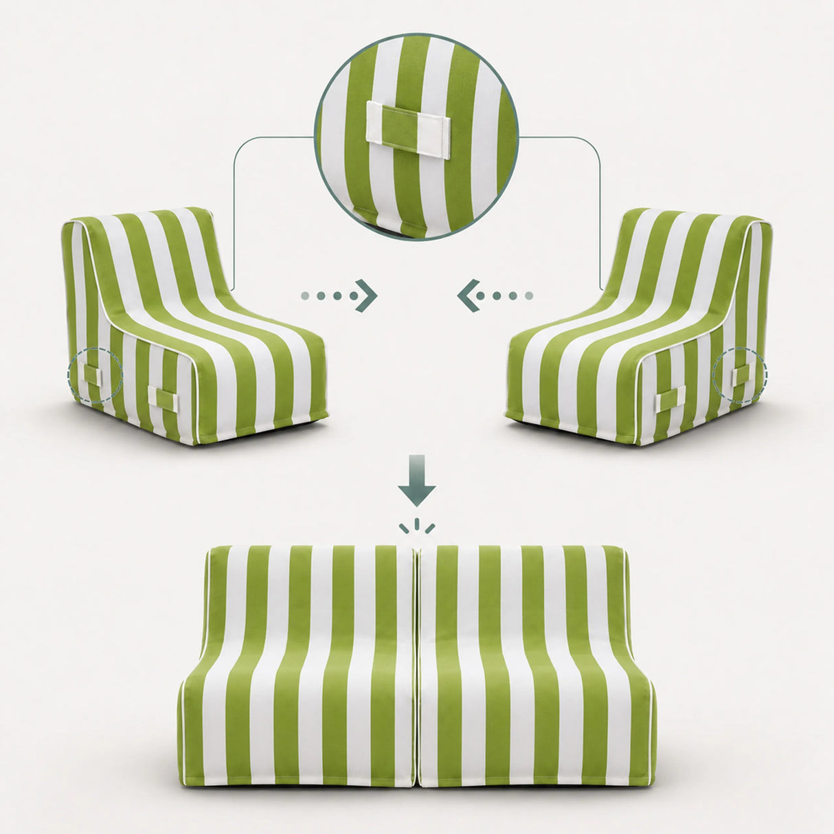 Zusammenfügbare Luftsofas Sitzolo Air in Grün-Weiß gestreift mit Klettverschlüssen von hjh LIVING