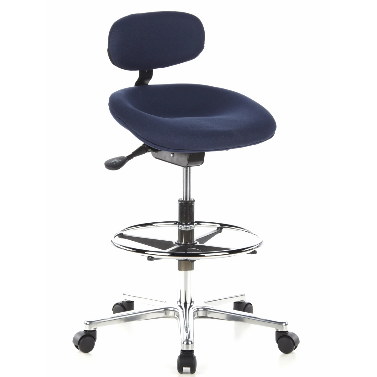 Blauer Counterstuhl WORK MF mit Fußring und Fußkreuz mit fünf Rollen von hjh OFFICE – 360-Grad-Ansicht (schräge Frontansicht 40°)
