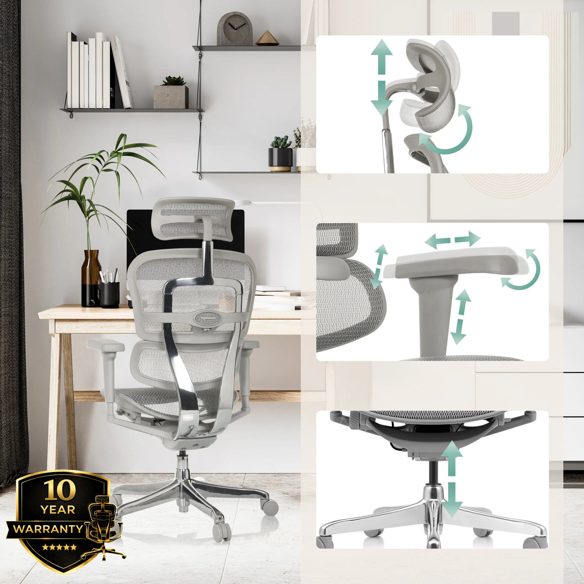 Verstellbare Kopfstütze, Armlehnen und Sitzhöhe des Luxus-Chefsessels ERGOHUMAN ULTRA G GEN2 in Grau von hjh OFFICE