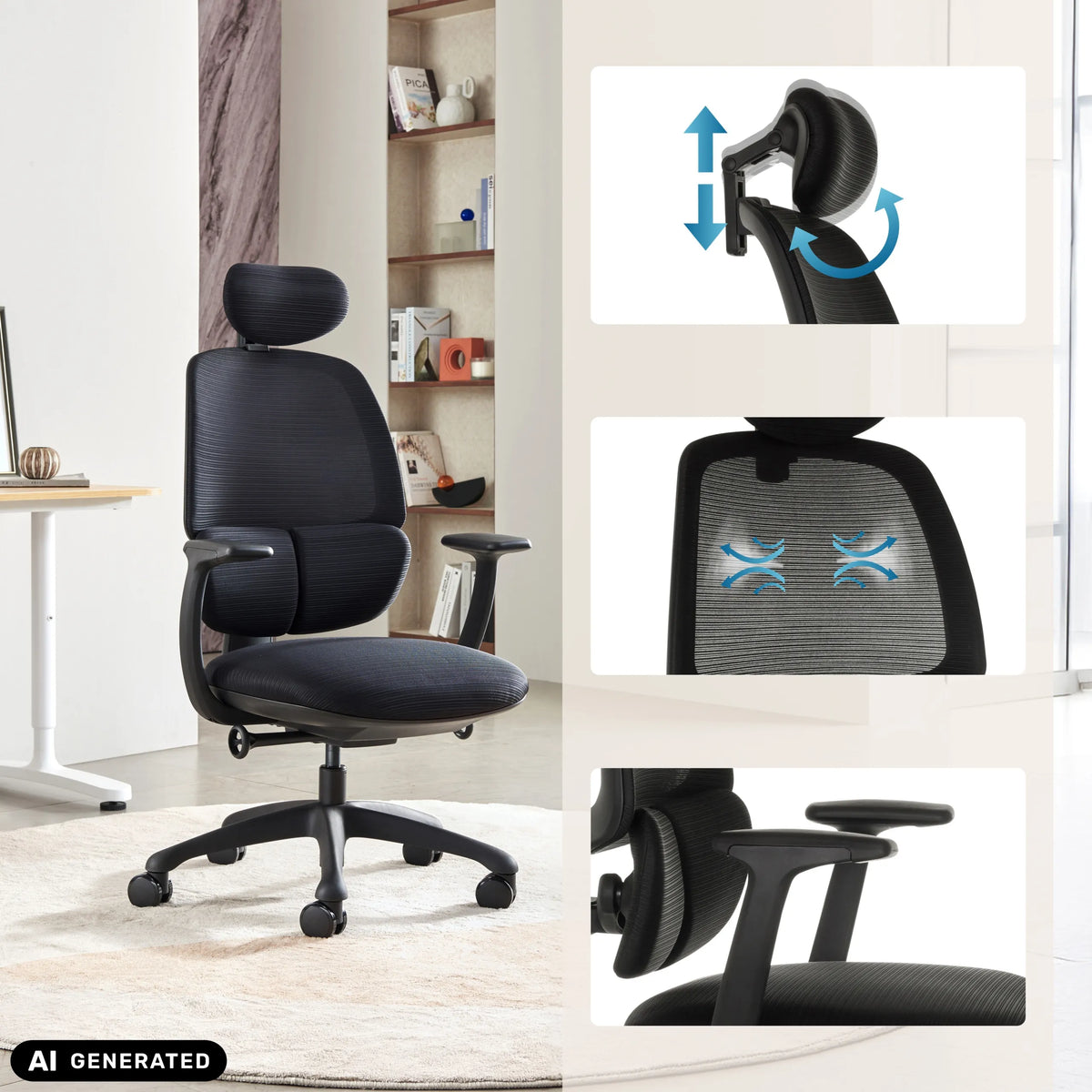 Profi-Bürostuhl RI-COVER in Schwarz mit verstellbarer Kopfstütze und Armlehnen von hjh OFFICE (KI-generiertes Bild)