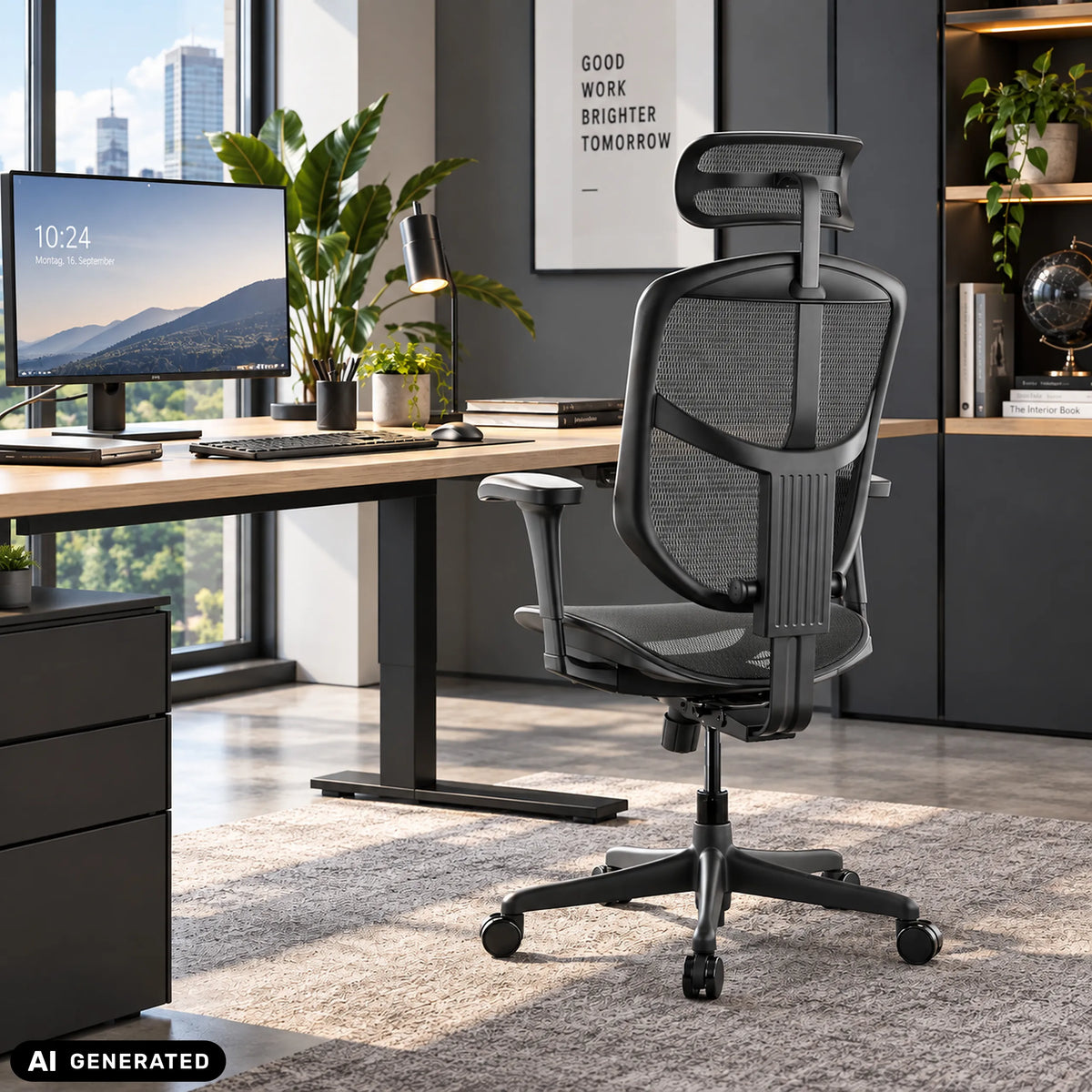 Schwarzer Profi-Bürostuhl Enjoy Eco MB mit Netzrücken und Kopfstütze im Büro von hjh OFFICE (KI-generiertes Bild)