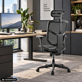 Schwarzer Profi-Bürostuhl Enjoy Eco MB mit Netzrücken und Kopfstütze im Büro von hjh OFFICE (KI-generiertes Bild)