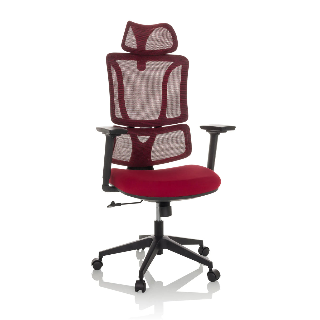 Roter Homeoffice-Bürostuhl ERGOMY mit Netzrücken und Fußkreuz mit fünf Rollen von MyBuero – 360-Grad-Ansicht (Frontansicht 15°)