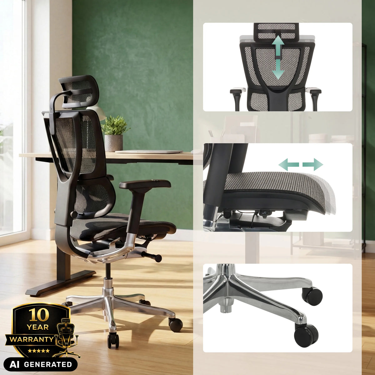 Luxus-Chefsessel ERGOHUMAN SLIM GEN2 mit verstellbarer Kopfstütze und Sitztiefe von hjh OFFICE (KI-generiertes Bild)
