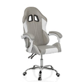 Grau-weißer Gamingstuhl GAMEBREAKER W03 mit zwei Kopfstützenöffnungen und Fußkreuz mit fünf Rollen von MyBuero – 360-Grad-Ansicht (schräge Frontansicht 30°)