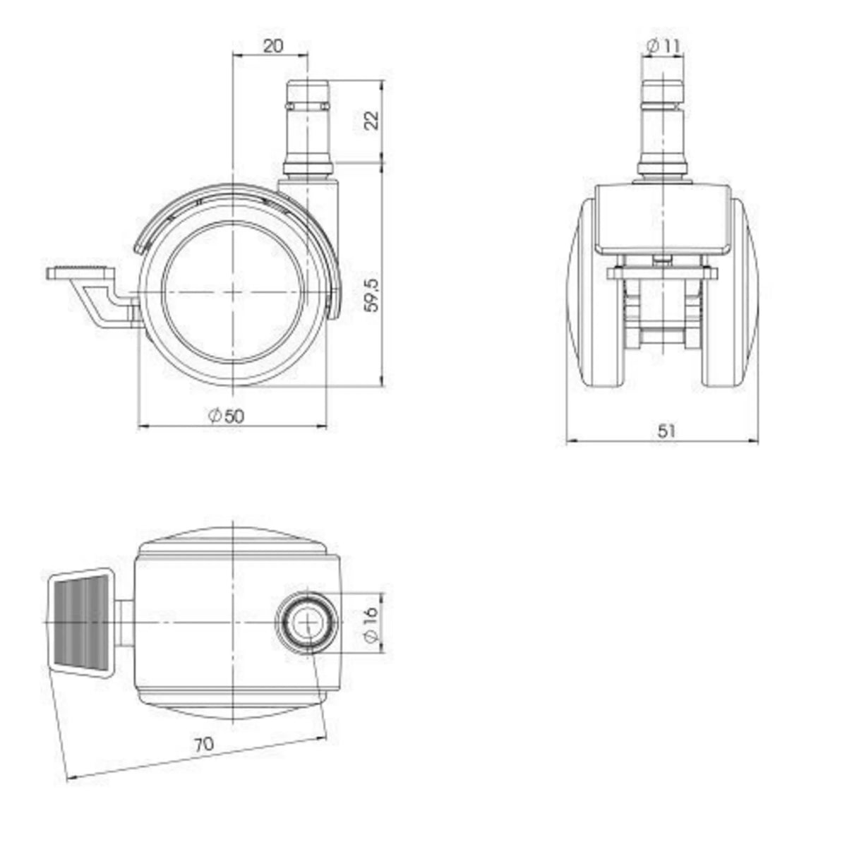 Technische Zeichnung der Stuhlrolle 5x ROLO STOP 11mm/50mm mit einem Durchmesser von 50 mm von hjh OFFICE