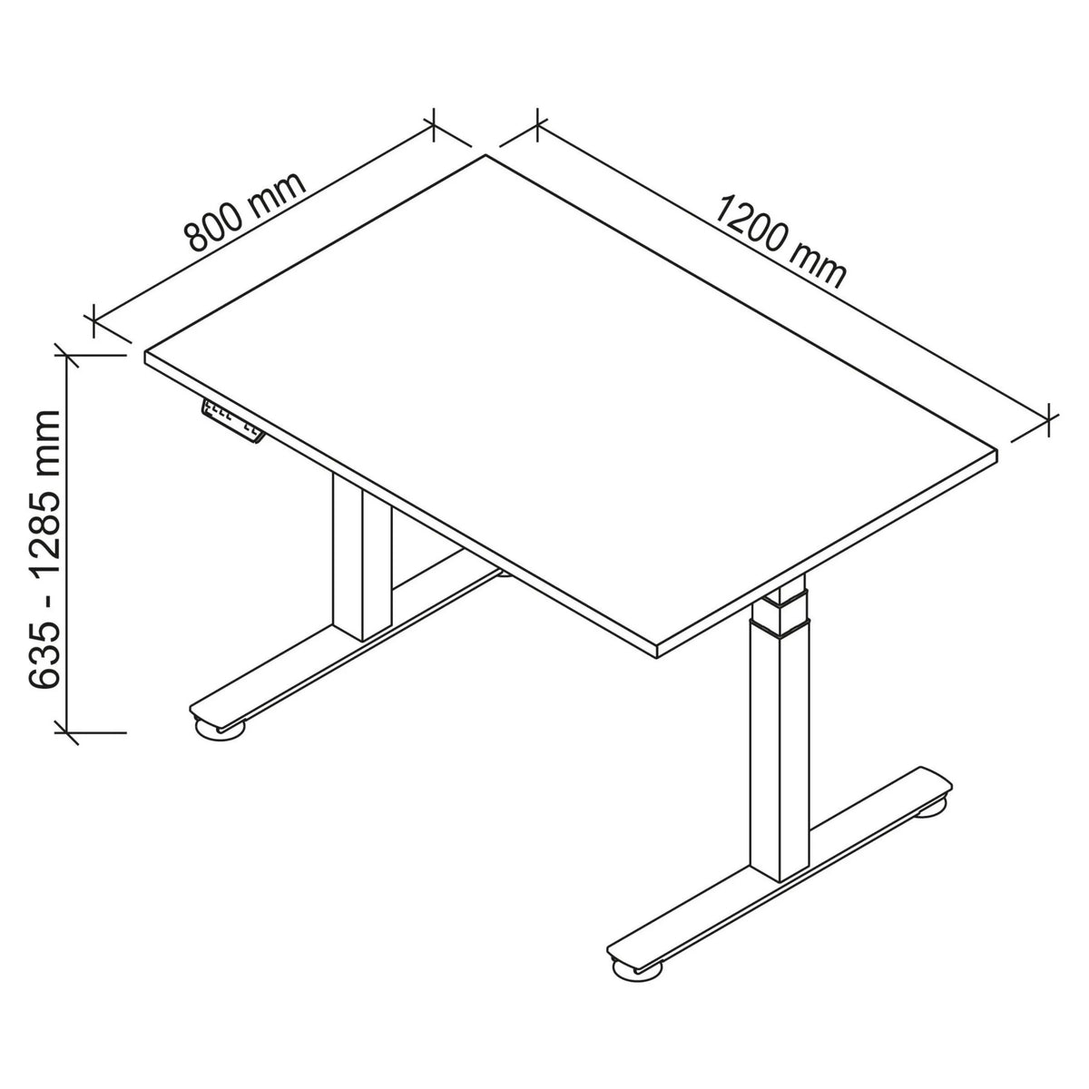Technische Zeichnung des Schreibtischs XDSM 12 S mit 1200 x 800 mm von hjh OFFICE PRO