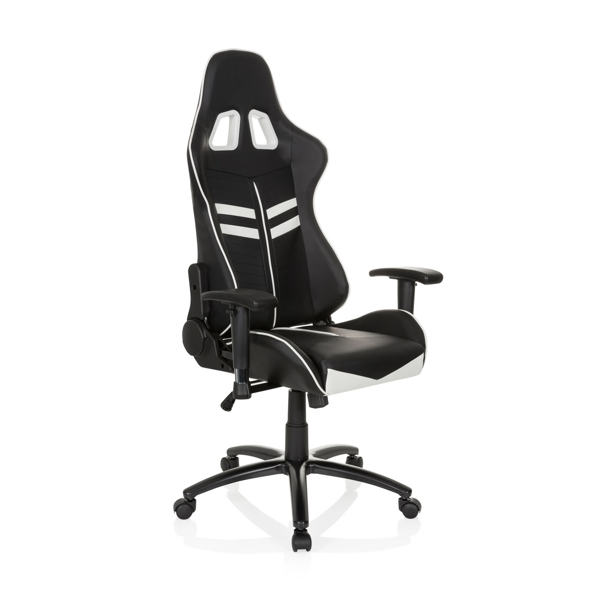 Schwarz-weißer Gamingstuhl LEAGUE PRO mit Kopfstütze und Fußkreuz mit fünf Rollen von hjh OFFICE – 360-Grad-Ansicht (schräge Frontansicht 40°)