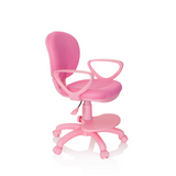 Rosa Kinderdrehstuhl KID COLOUR mit Armlehnen und Fußkreuz mit fünf Rollen von hjh OFFICE – 360-Grad-Ansicht (schräge Frontansicht 60°)