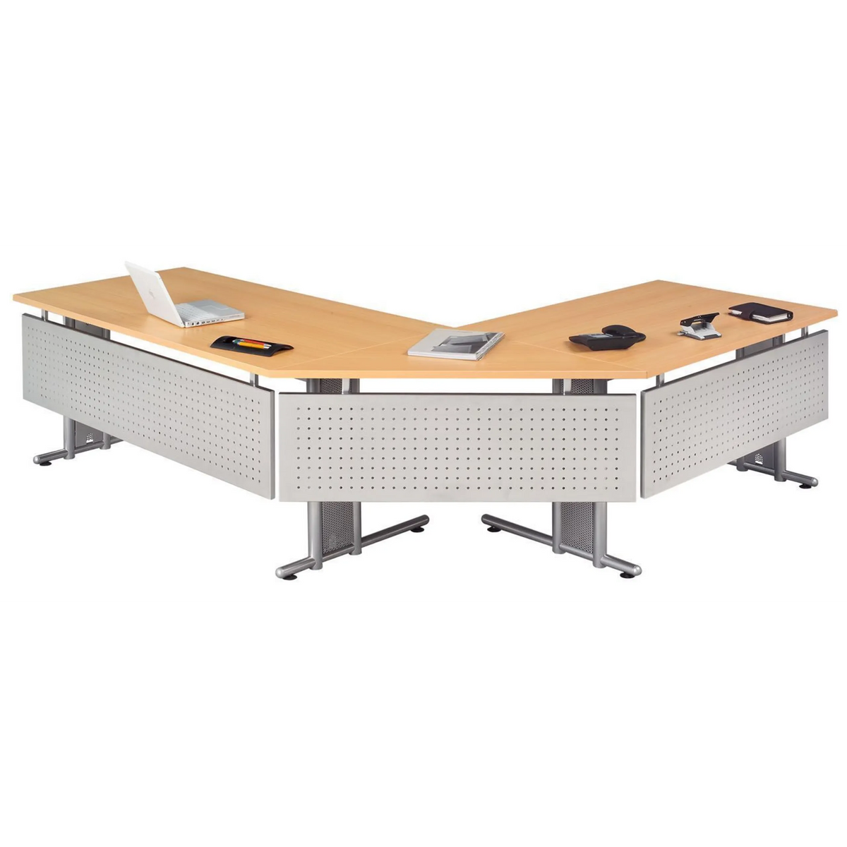 Silberne Sichtblende des Zubehörs SI S an einem L-förmigen Schreibtisch von hjh OFFICE PRO