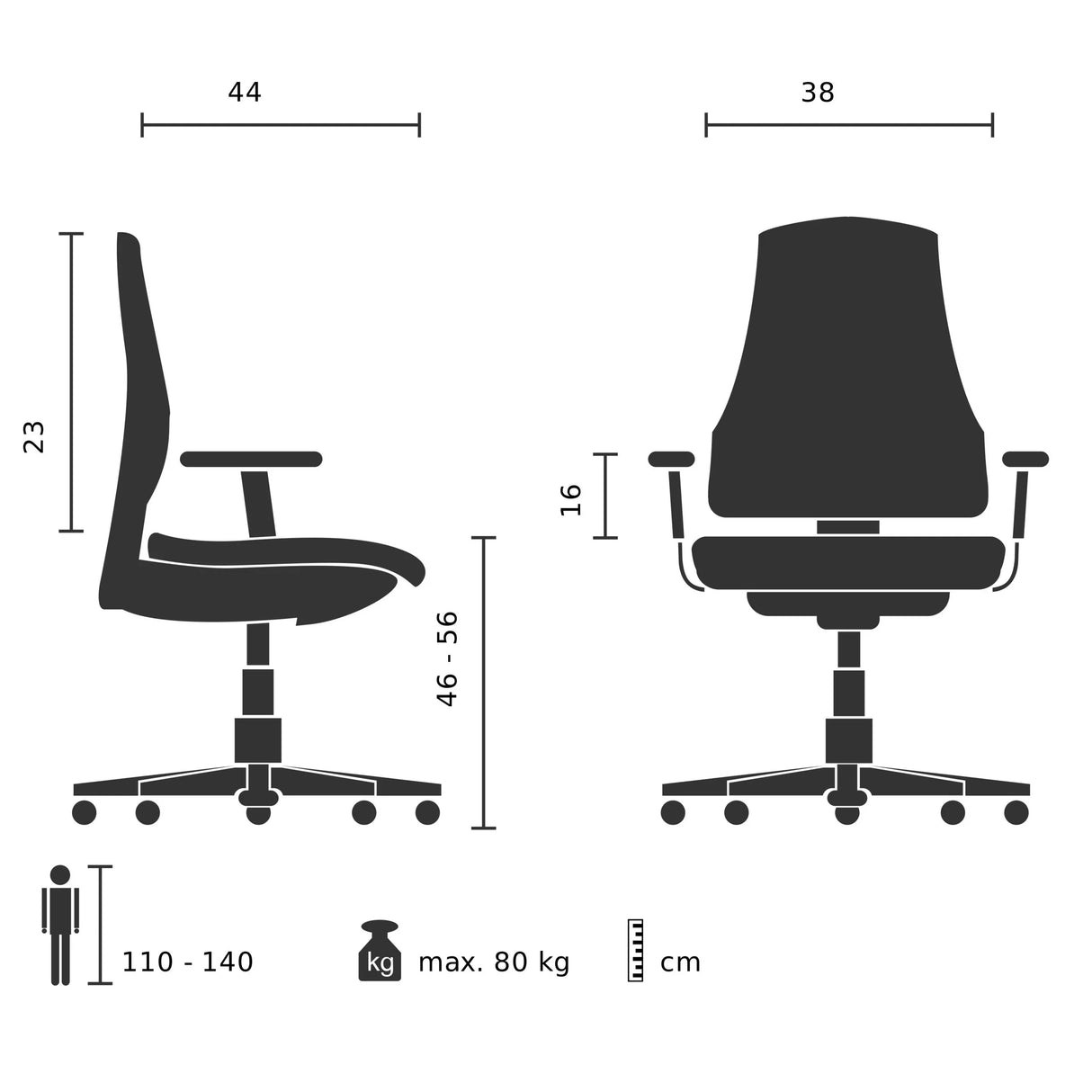 Technische Zeichnung des Kinderdrehstuhls KID TEDDY mit einer maximalen Belastbarkeit von 80 kg von hjh OFFICE