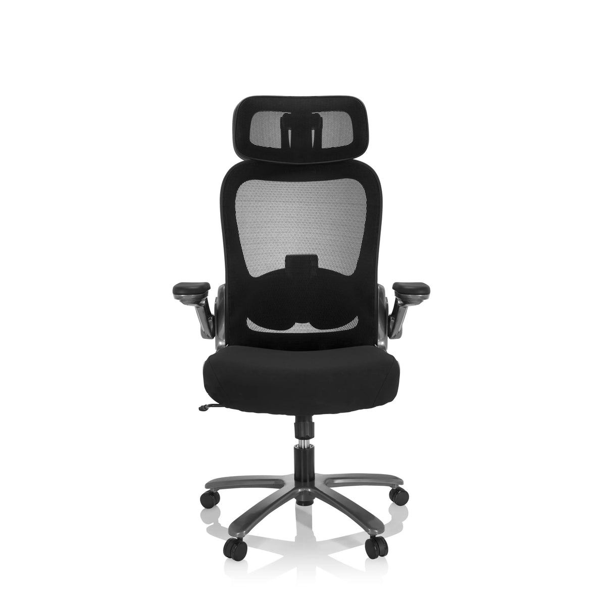 Schwarzer XXL Drehstuhl INSTRUCTOR T I PRO mit Netzrücken und Fußkreuz mit fünf Rollen von hjh OFFICE – 360-Grad-Ansicht (Frontansicht 0°)