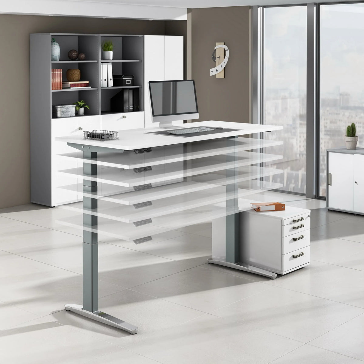 Elektrisch höhenverstellbarer Schreibtisch XBHM 2E SS in Asteiche mit weißer Platte von hjh OFFICE PRO