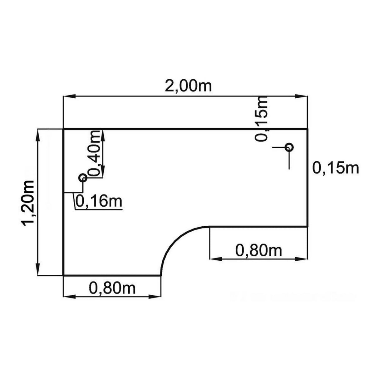 Technische Zeichnung des Schreibtischs UNDA 82 S mit 2,00 x 1,20 m von hjh OFFICE PRO