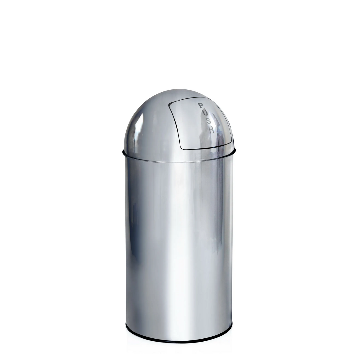 Chromfarbener Mülleimer PUSH 35L mit kuppelförmigem Push-Deckel von hjh OFFICE – 360-Grad-Ansicht (schräge Rückenansicht 120°)