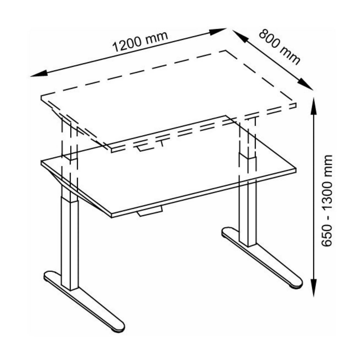 Technische Zeichnung des höhenverstellbaren Schreibtischs XBHM 12 GC mit 1200 × 800 mm von hjh OFFICE PRO