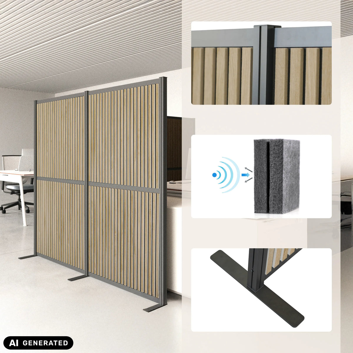 Trennwände FLEXMIUT MODUL mit Holzlamellen, Schallabsorber und T-Fuß in Braun-Schwarz von hjh OFFICE (KI-generiertes Bild)