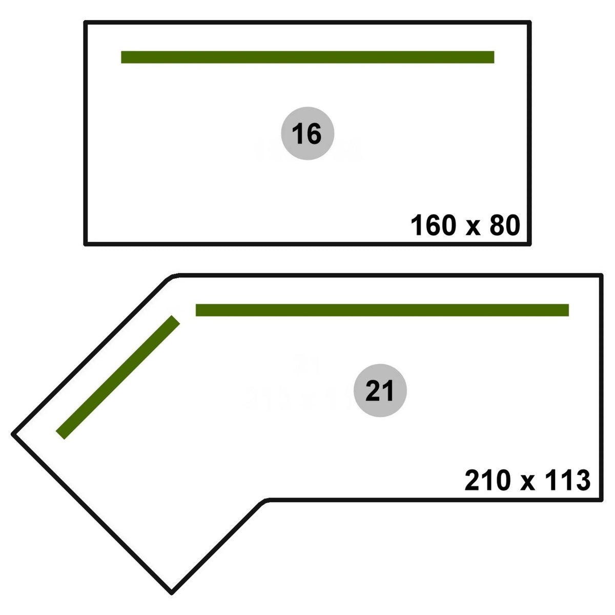 Maßzeichnungen für Sichtblenden des Zubehörs SI S in den Größen 160 x 80 und 210 x 113 von hjh OFFICE PRO