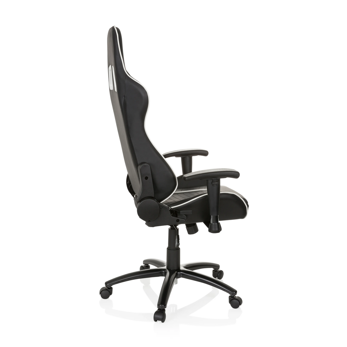 Schwarz-weißer Gamingstuhl LEAGUE PRO mit Kopfstütze und Fußkreuz mit fünf Rollen von hjh OFFICE – 360-Grad-Ansicht (Seitenprofil 100°)