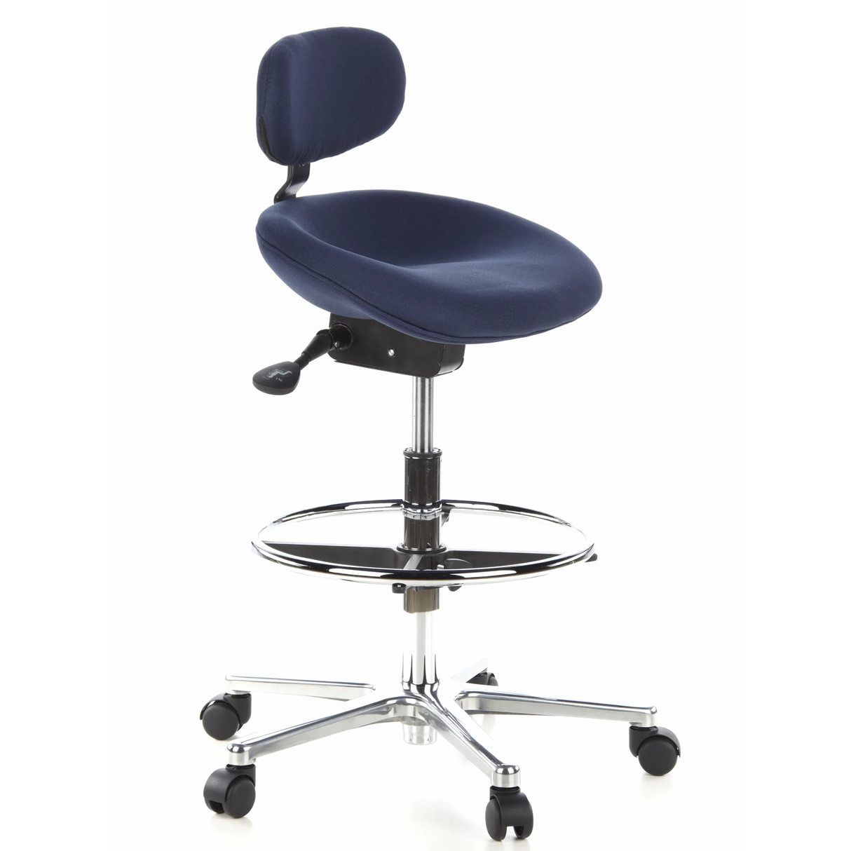 Blauer Counterstuhl WORK MF mit Fußring und Fußkreuz mit fünf Rollen von hjh OFFICE – 360-Grad-Ansicht (schräge Frontansicht 60°)