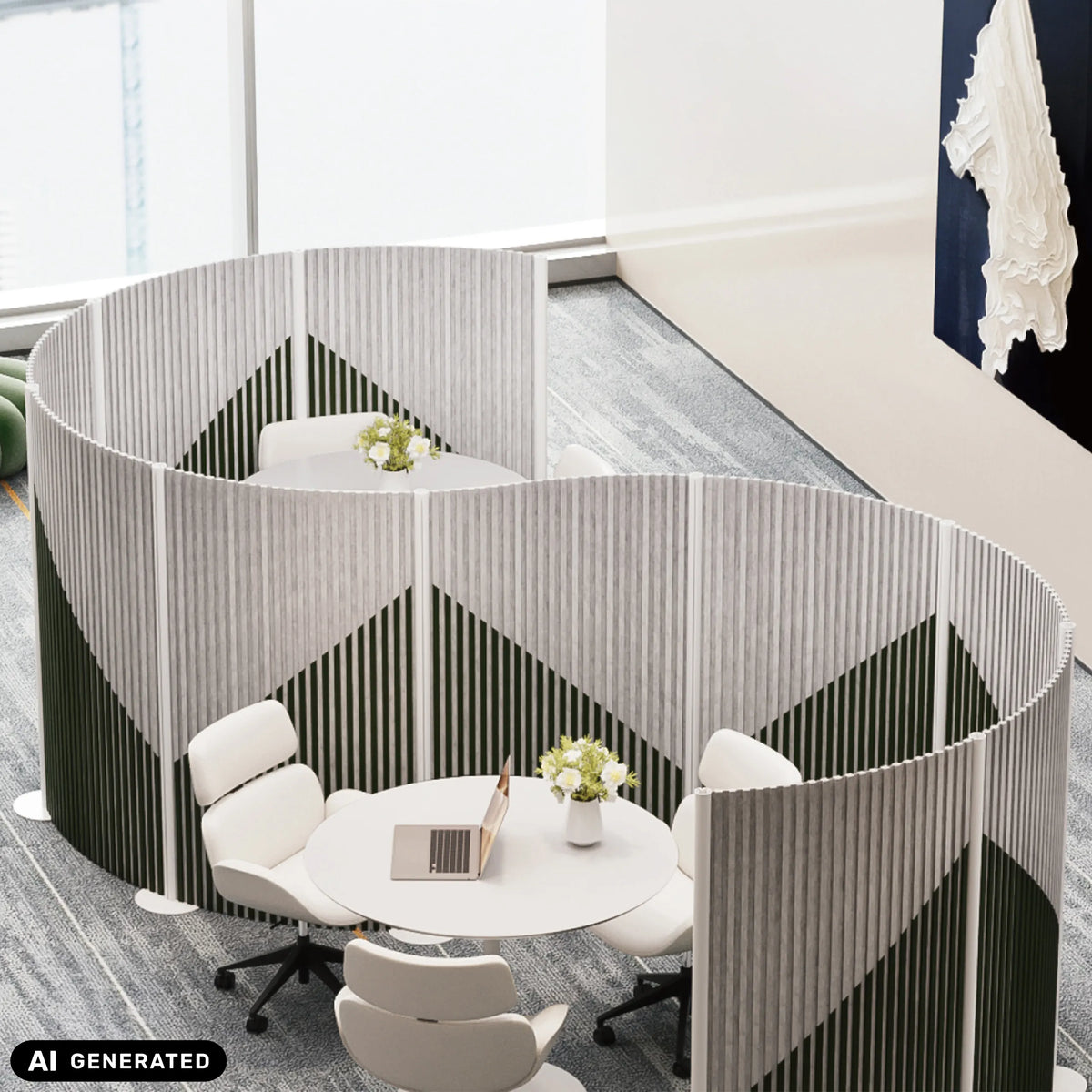 Graue Trennwände Flexmiut Wave mit vertikaler Lamellenstruktur als Sichtschutz von hjh OFFICE (KI-generiertes Bild)