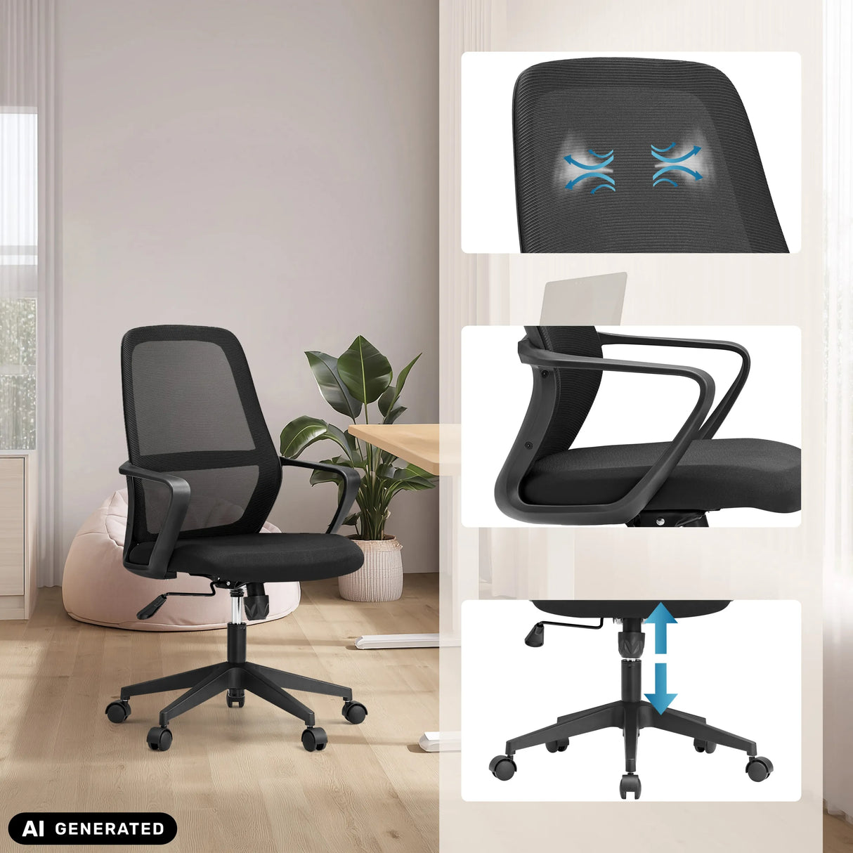 Homeoffice-Bürostuhl Explorer in Schwarz mit Netzrücken, Armlehnen und Gasfeder von MyBuero (KI-generiertes Bild)