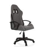 Grauer Gamingstuhl GAMEBREAKER W01 mit zwei Kopfstützenausschnitten und Fußkreuz mit fünf Rollen von MyBuero – 360-Grad-Ansicht (schräge Frontansicht 45°)