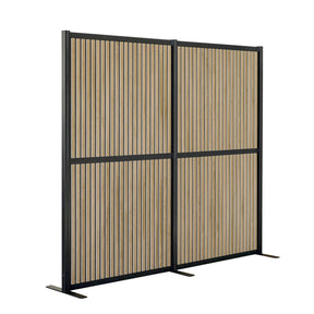 Trennwand FLEXMIUT MODUL mit braunen Holzlamellen und schwarzem Metallrahmen von hjh OFFICE