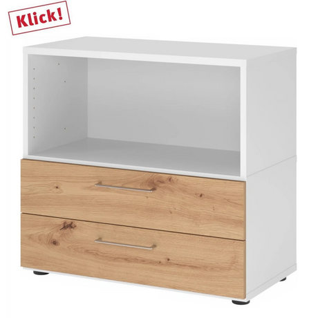 Unterbau FlexWall in Weiß und Asteiche mit zwei Schubladen und offenem Fach von hjh OFFICE PRO