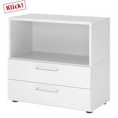 Weißer Unterschrank FlexWall mit offenem Fach, zwei Schubladen und Stellfüßen von hjh OFFICE PRO