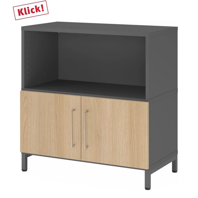 Sideboard FlexWall in Graphit und Eiche mit offenem Fach sowie zwei Türen auf Sockelgestell von hjh OFFICE PRO