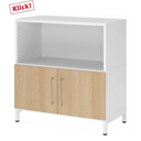 Sideboard FlexWall in Weiß und Eiche mit offenem Fach und zwei Türen auf weißem Sockelgestell von hjh OFFICE PRO