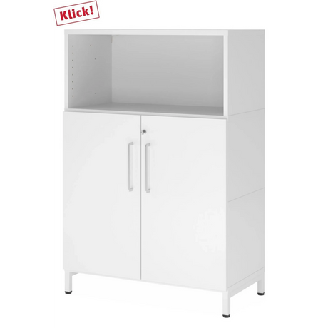 Weißer Aktenschrank FlexWall mit offenem Fach, zwei Türen und einem Sockelgestell von hjh OFFICE PRO