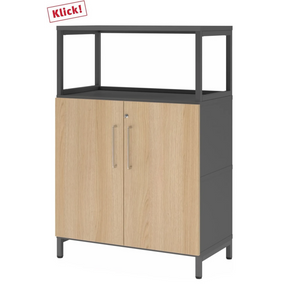 Schrank FlexWall in Graphit und Eiche mit zwei Türen, offenem Aufsatzrahmen und Sockelgestell von hjh OFFICE PRO