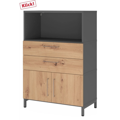 Sideboard FlexWall in Graphit und Asteiche mit zwei Schubladen, Schranktüren und offenem Fach von hjh OFFICE PRO